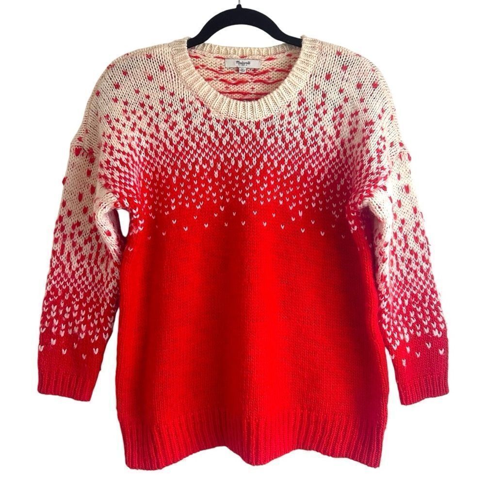 Madewell Drift Stitch Wool Blend Ombre Heart Print Red and Cream Sweater